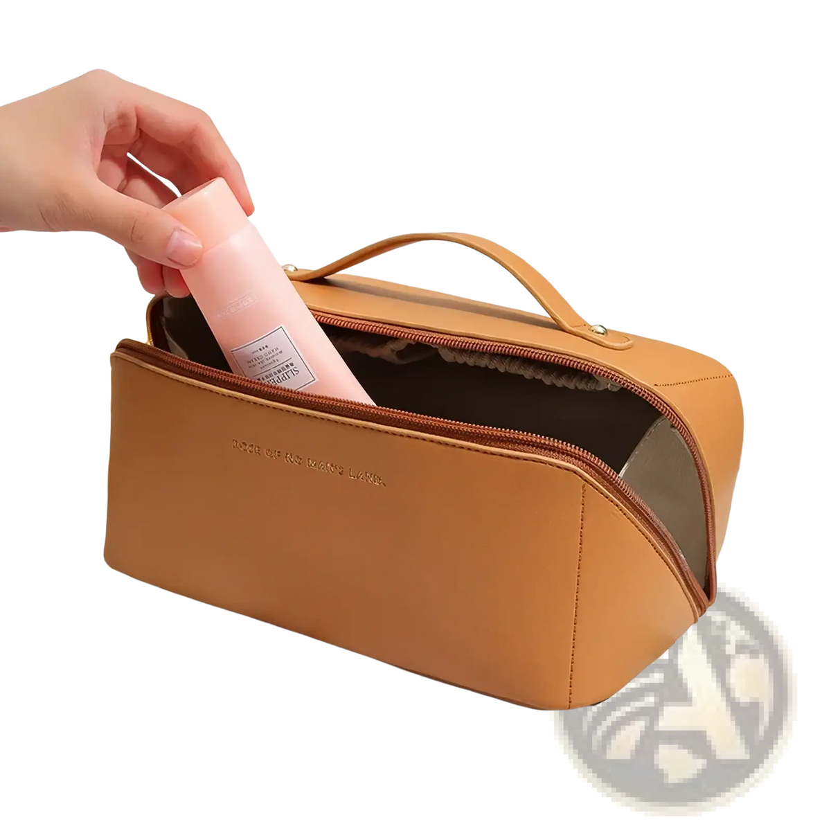 Tan waterproof leather travel makeup bag with top handle and zipper closure for convenient storage and transport
