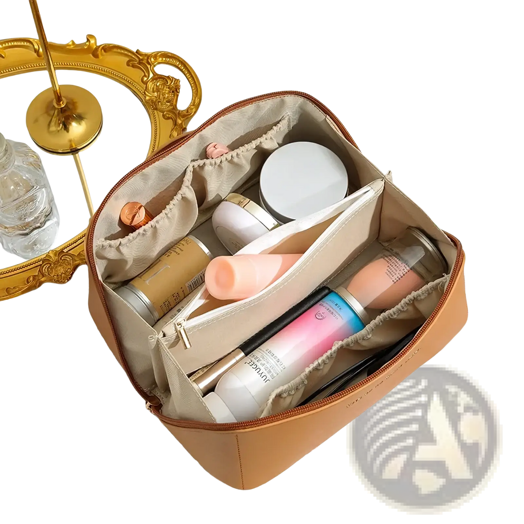 Tan waterproof leather travel makeup bag with multiple compartments holding various beauty products