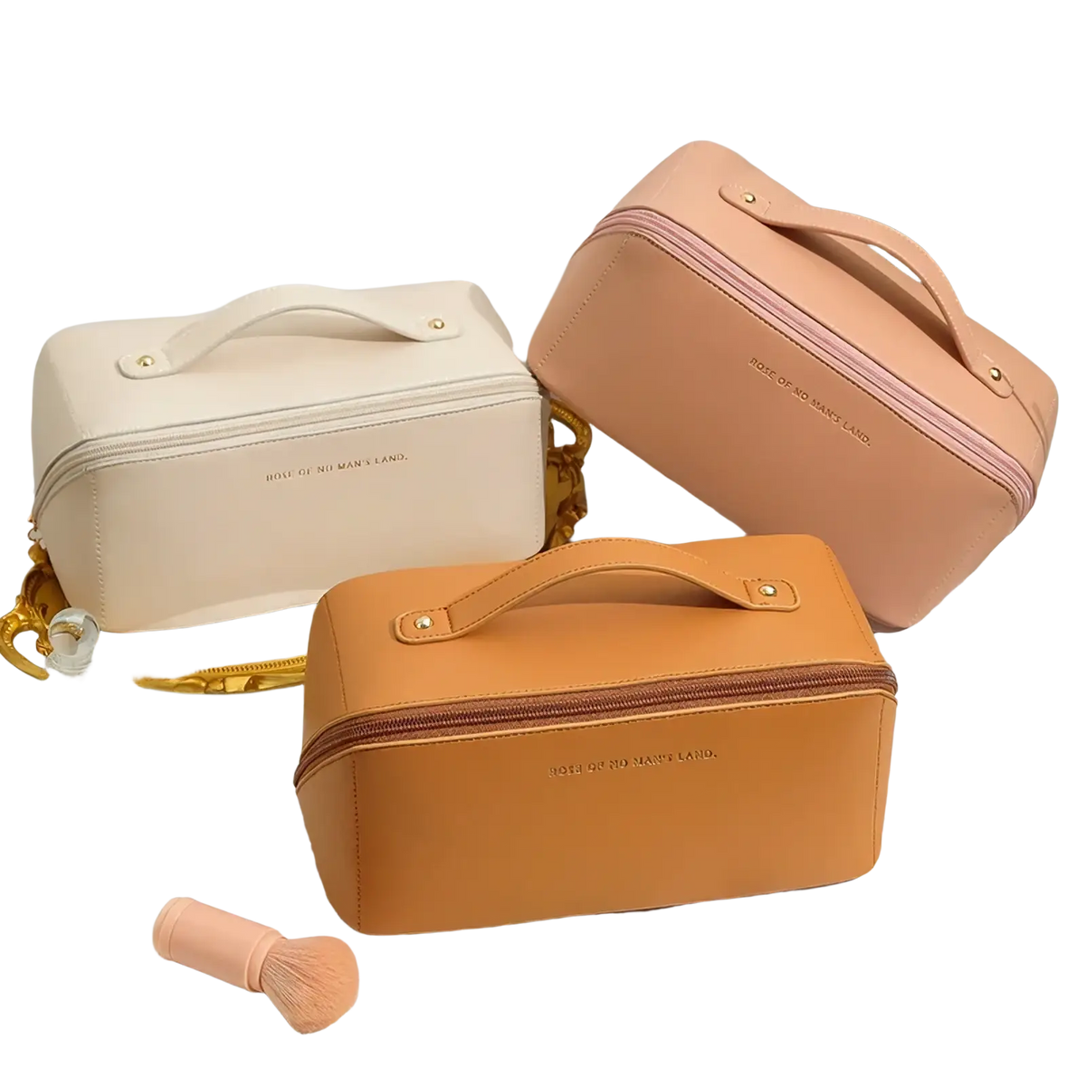 Three waterproof leather travel makeup bags in beige peach and tan with top handles and zipper closures