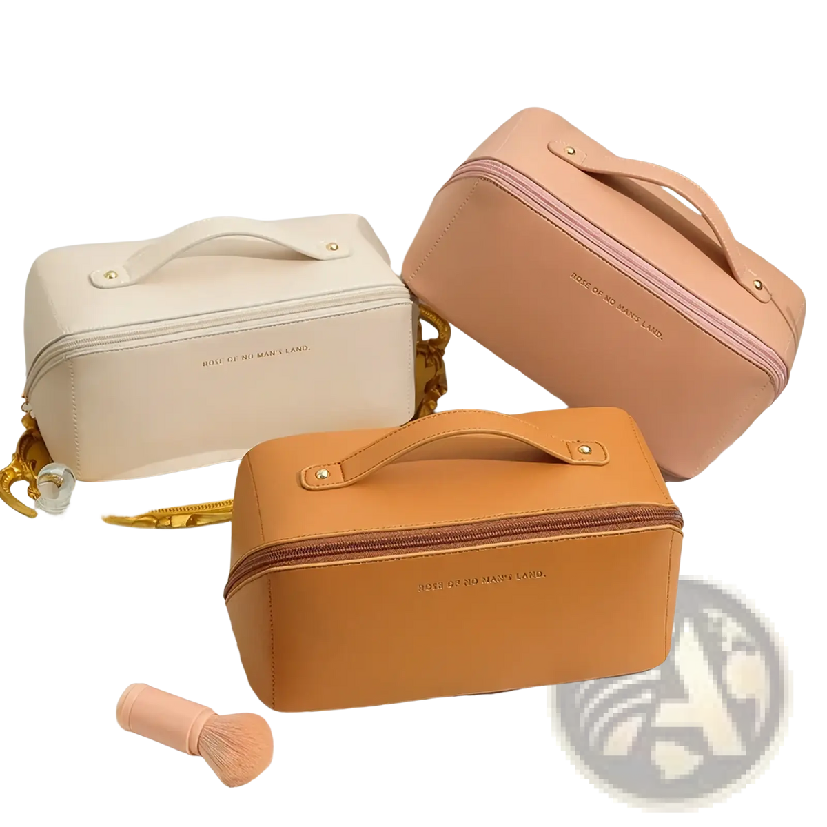 Three waterproof leather travel makeup bags in beige peach and tan with top handles and zipper closures