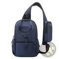 Navy blue waterproof men’s oxford cloth crossbody chest bag with black trim and multiple zippered compartments