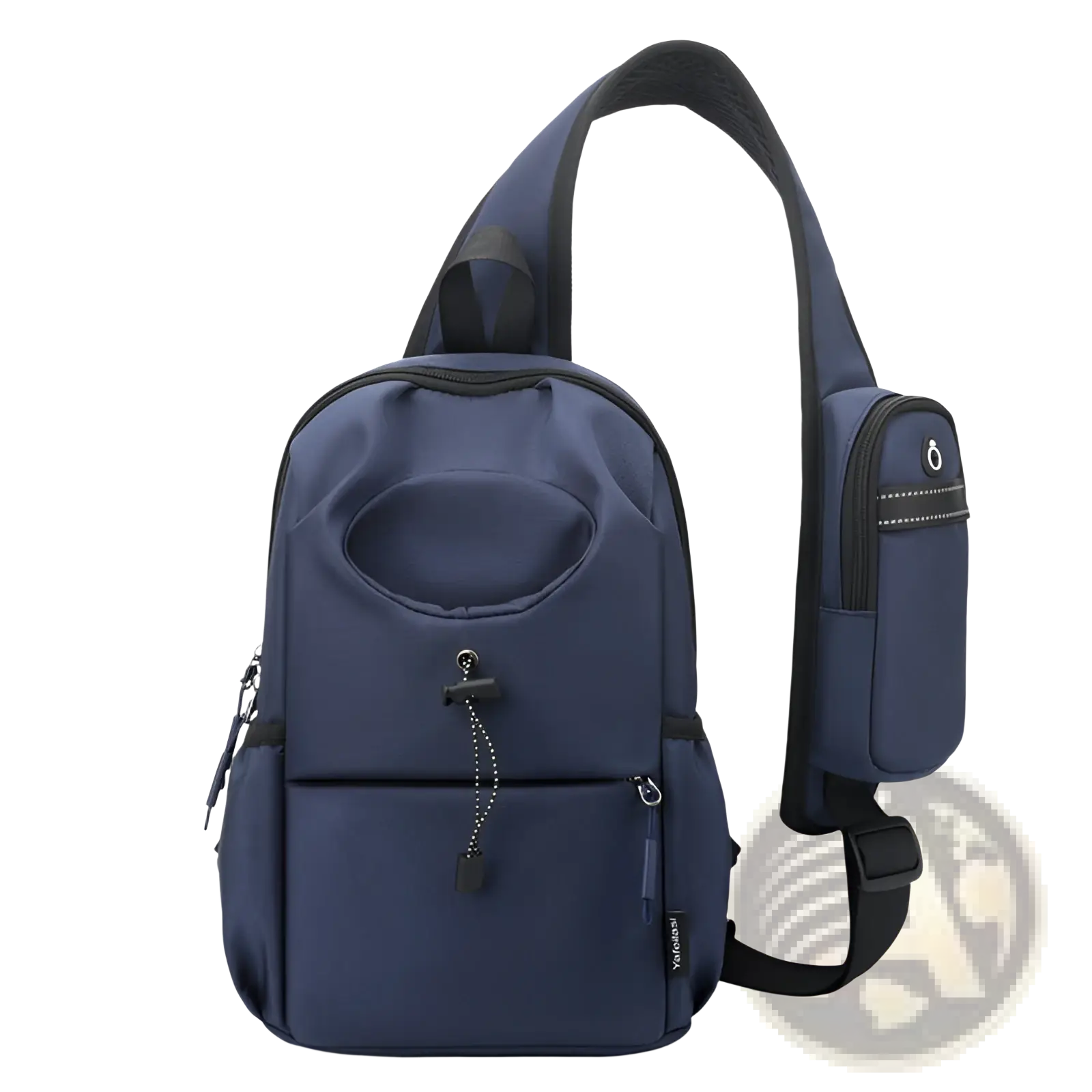 Navy blue waterproof men’s oxford cloth crossbody chest bag with black trim and multiple zippered compartments