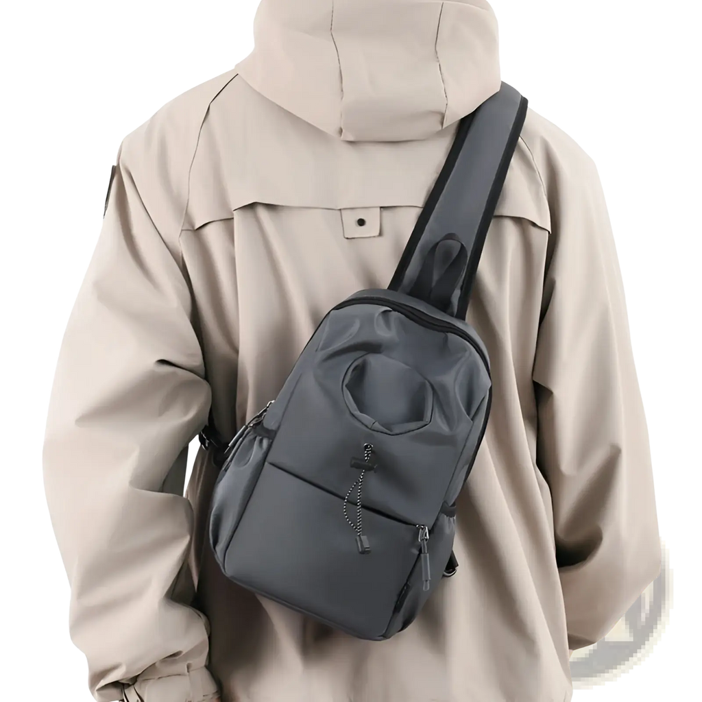 Dark gray waterproof men’s oxford cloth crossbody chest bag with sleek nylon material and minimalist black zipper accents