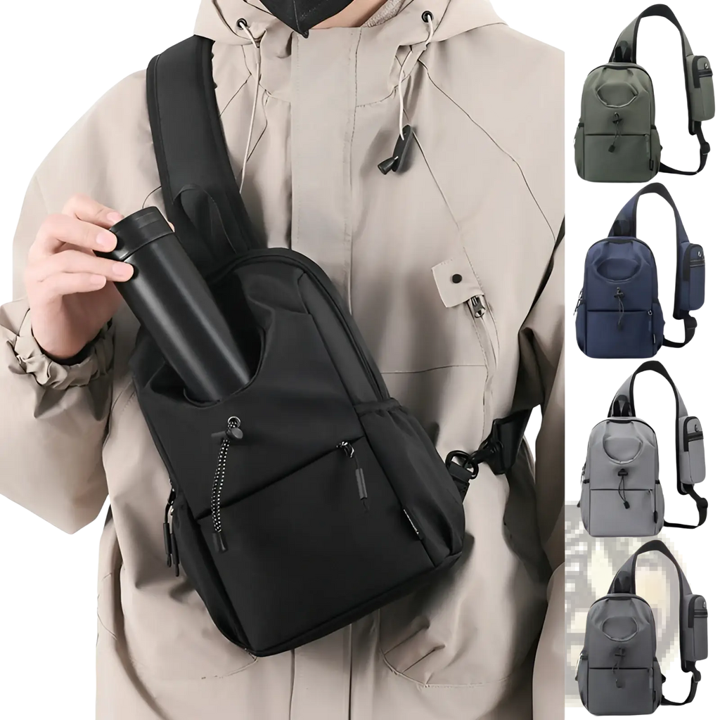 Waterproof men’s black nylon oxford cloth crossbody bag with multiple zippered compartments and side water bottle pocket