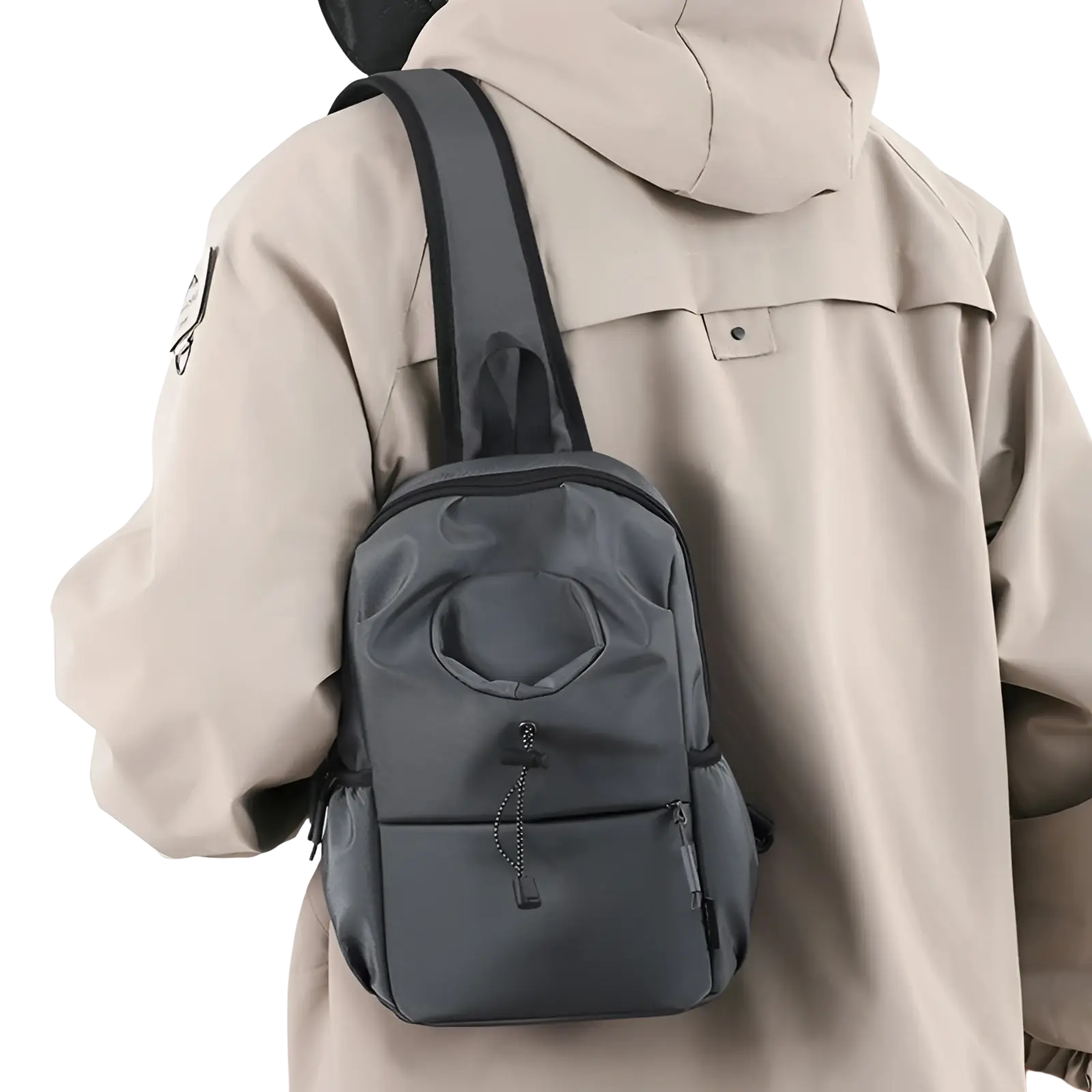 Waterproof men’s oxford cloth minimalist dark gray nylon crossbody backpack with circular opening and front zippered pocket