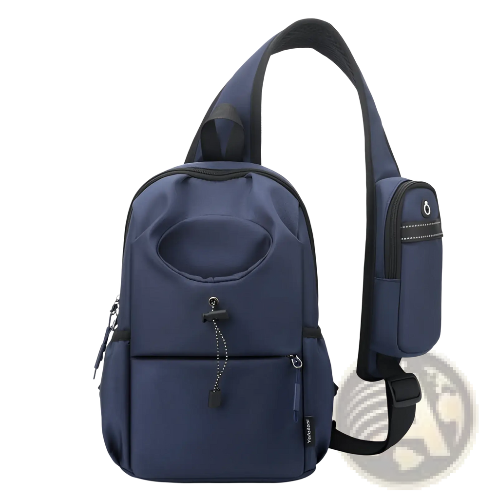 Navy blue waterproof men’s oxford cloth crossbody chest bag with black trim and multiple zippered compartments