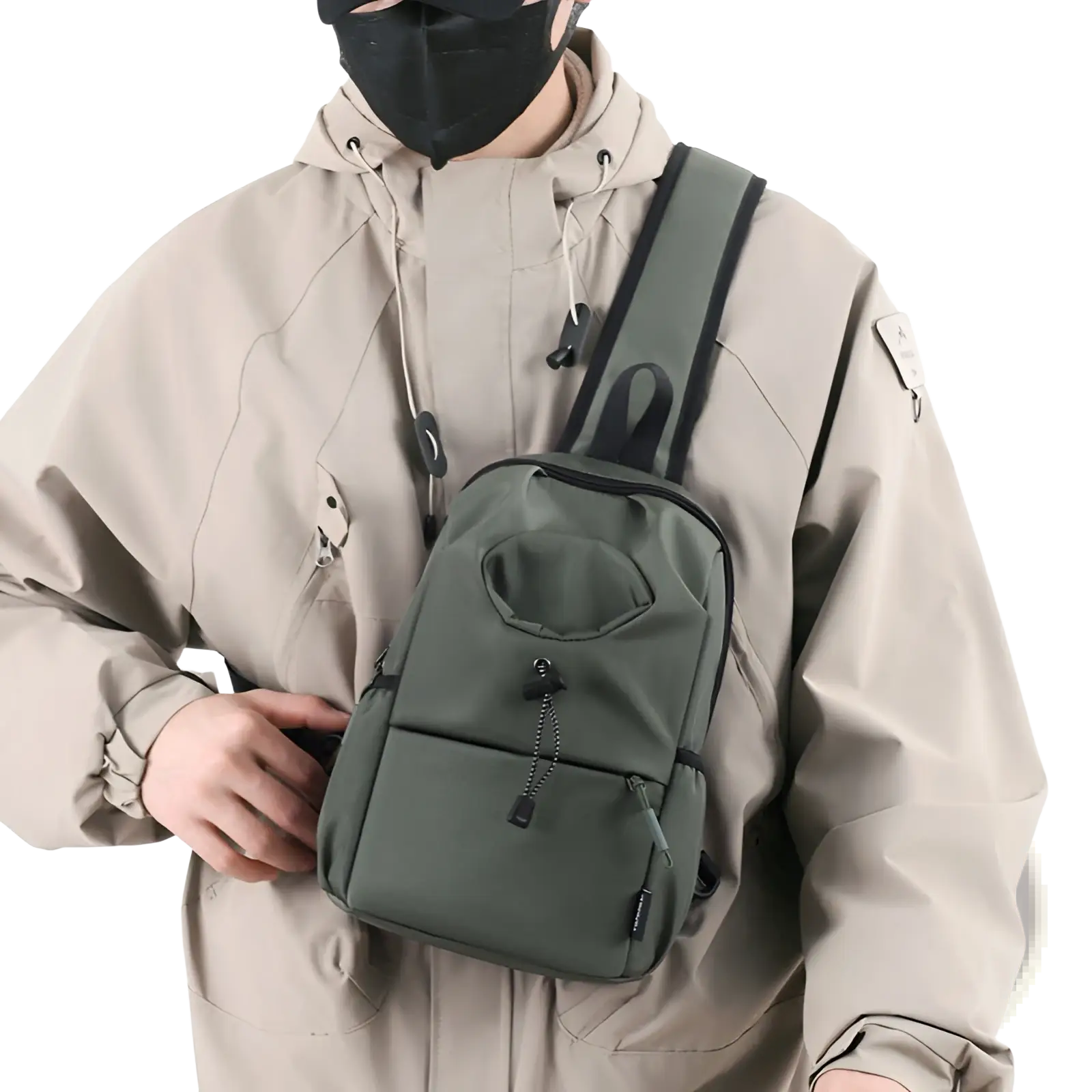 Olive green waterproof men’s oxford cloth minimalist crossbody chest bag with black trim and multiple zippered compartments
