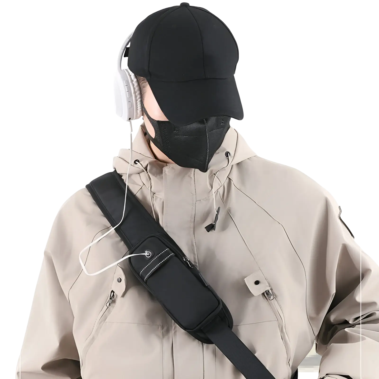 Black nylon waterproof men’s oxford cloth minimalist crossbody chest bag with white stitching and zipper details