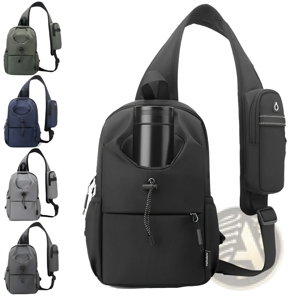 Black waterproof men’s oxford cloth crossbody chest bag with nylon material, water bottle holder, and multiple zippered compartments