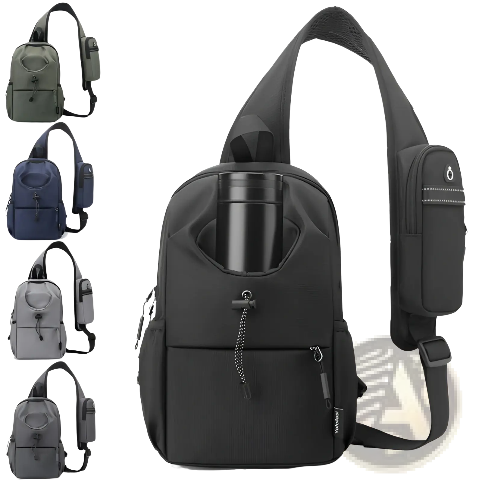 Black waterproof men’s oxford cloth crossbody chest bag with nylon material, water bottle holder, and multiple zippered compartments
