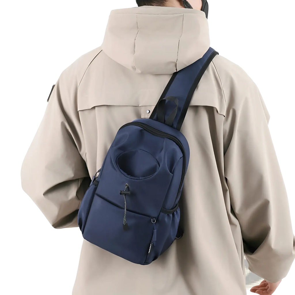 Navy blue nylon waterproof men’s oxford cloth minimalist crossbody chest bag with black zipper pulls and trim