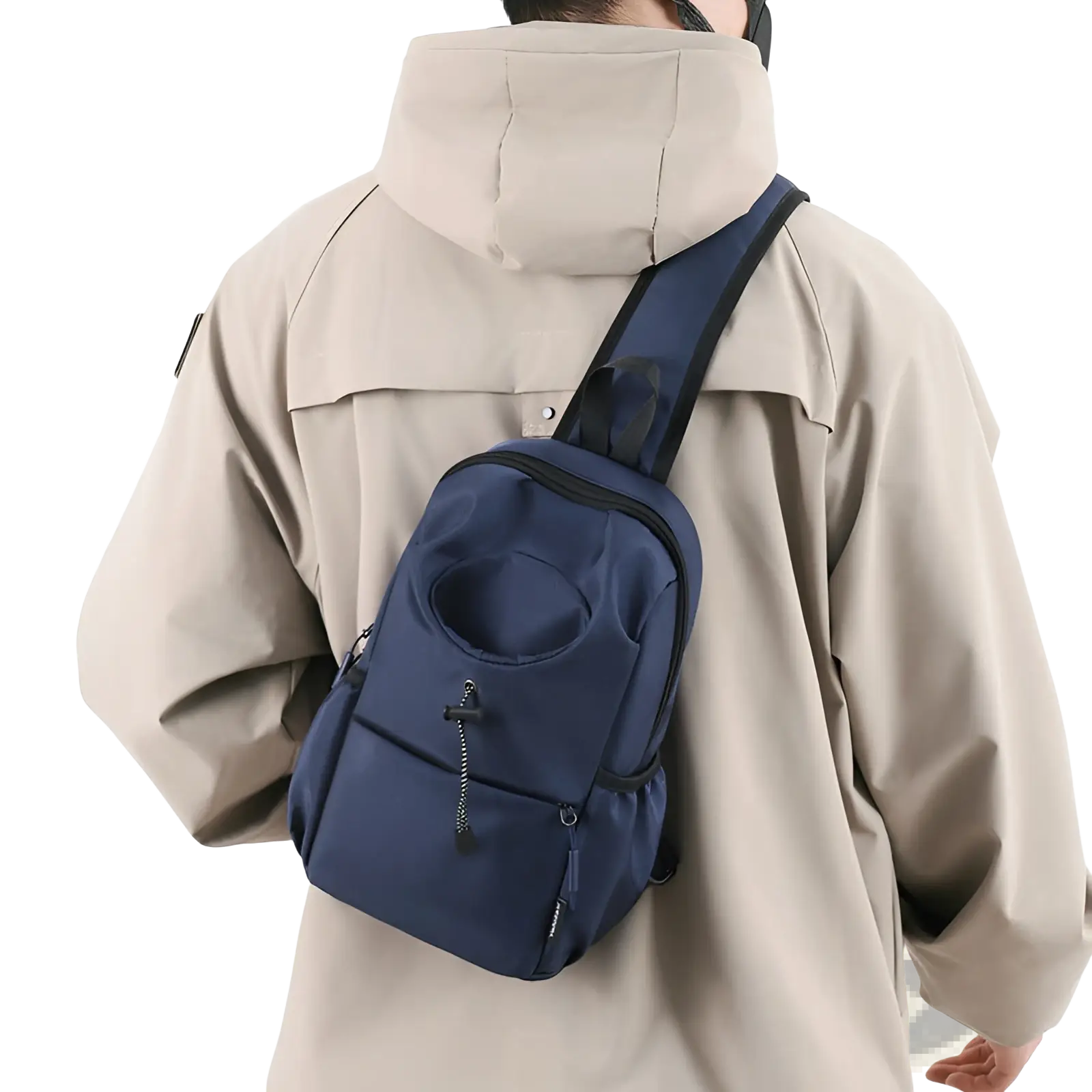Navy blue nylon waterproof men’s oxford cloth minimalist crossbody chest bag with black zipper pulls and trim