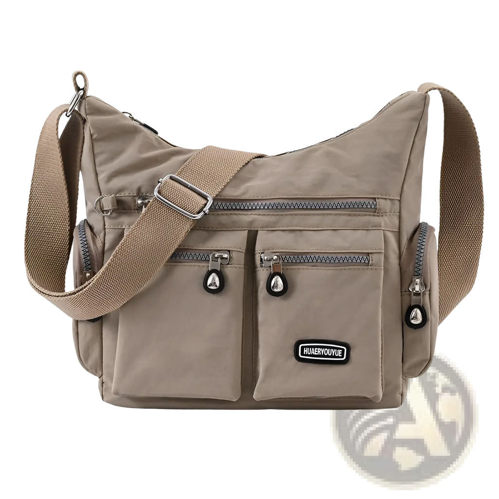 Beige waterproof multi pocket nylon crossbody shoulder bag with multiple zippered pockets and adjustable strap