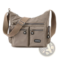Beige waterproof multi pocket nylon crossbody shoulder bag with multiple zippered pockets and adjustable strap