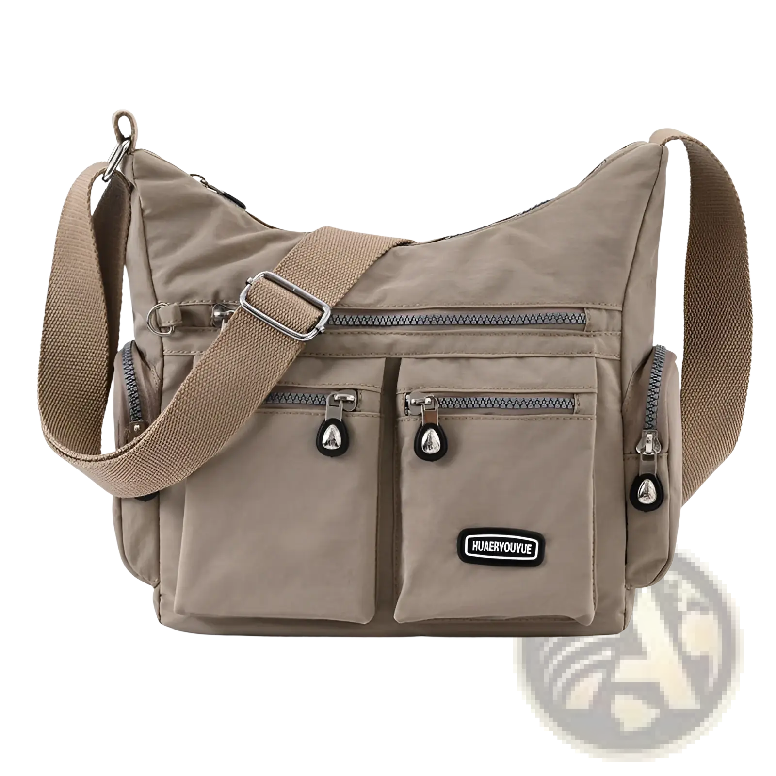 Beige waterproof multi pocket nylon crossbody shoulder bag with multiple zippered pockets and adjustable strap