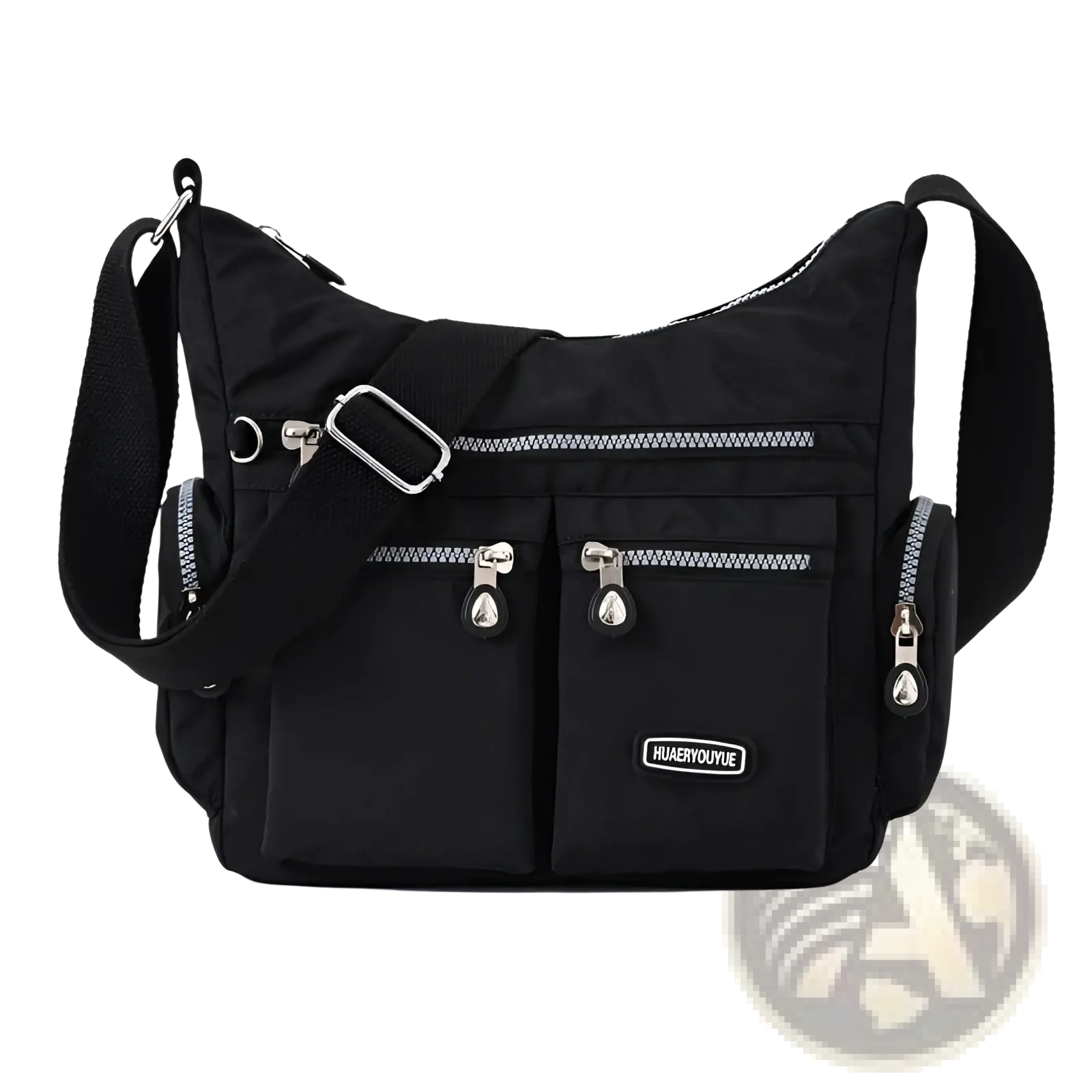 Black waterproof nylon crossbody shoulder bag with silver zippers and a brand patch featuring multiple pockets