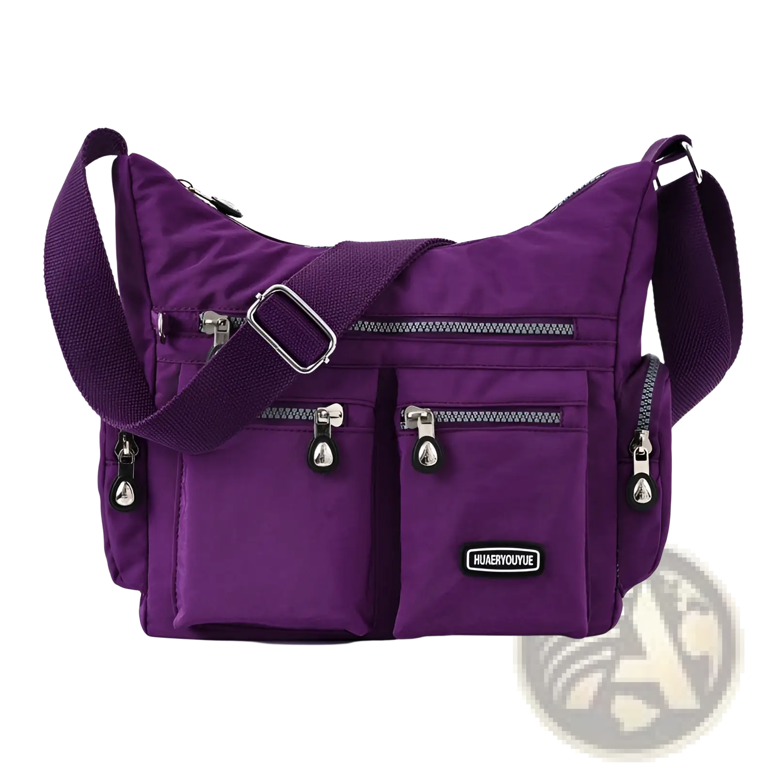 Waterproof purple nylon crossbody shoulder bag with multiple zippered compartments and silver-toned hardware