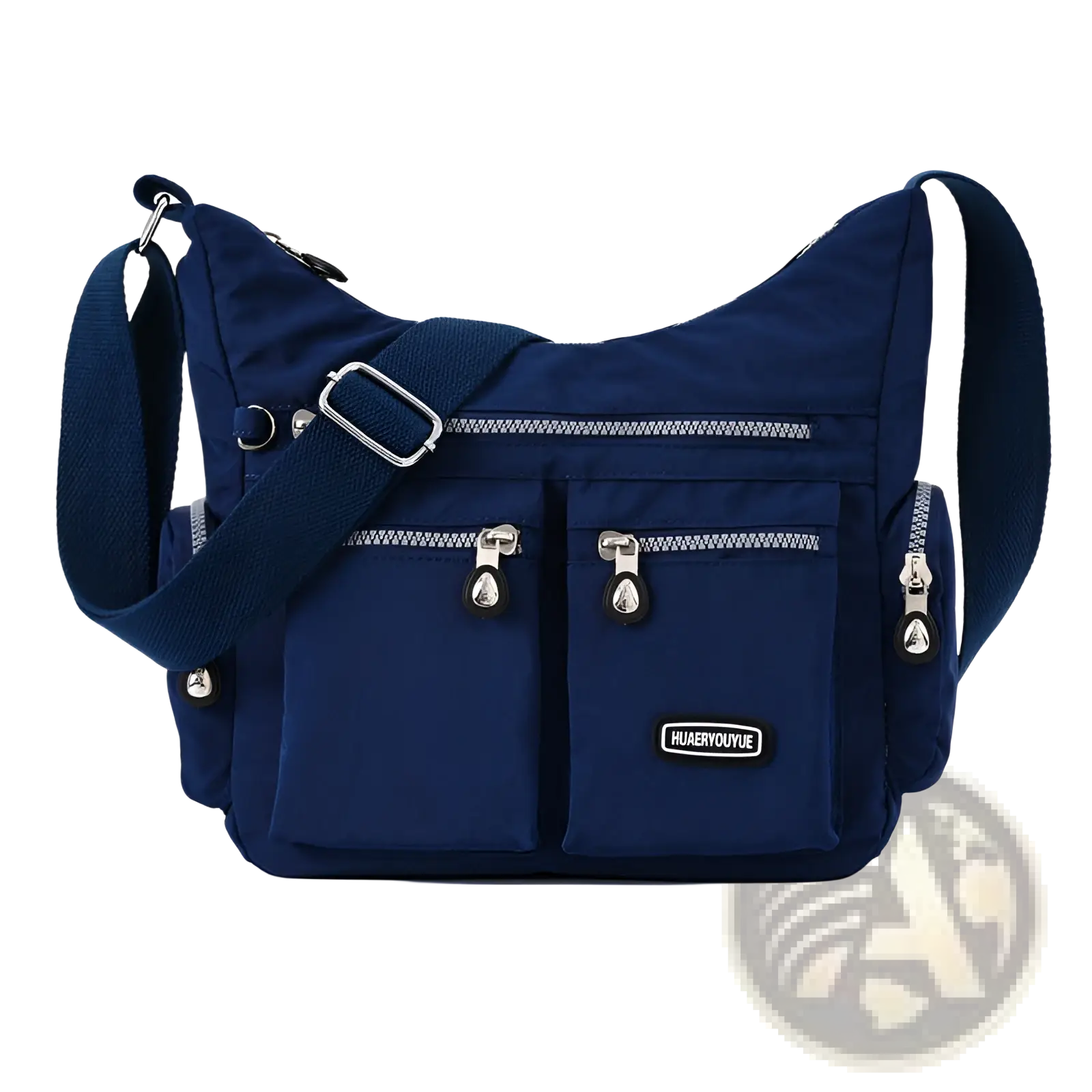 Navy blue waterproof nylon crossbody shoulder bag with multiple zippered pockets and silver-toned hardware