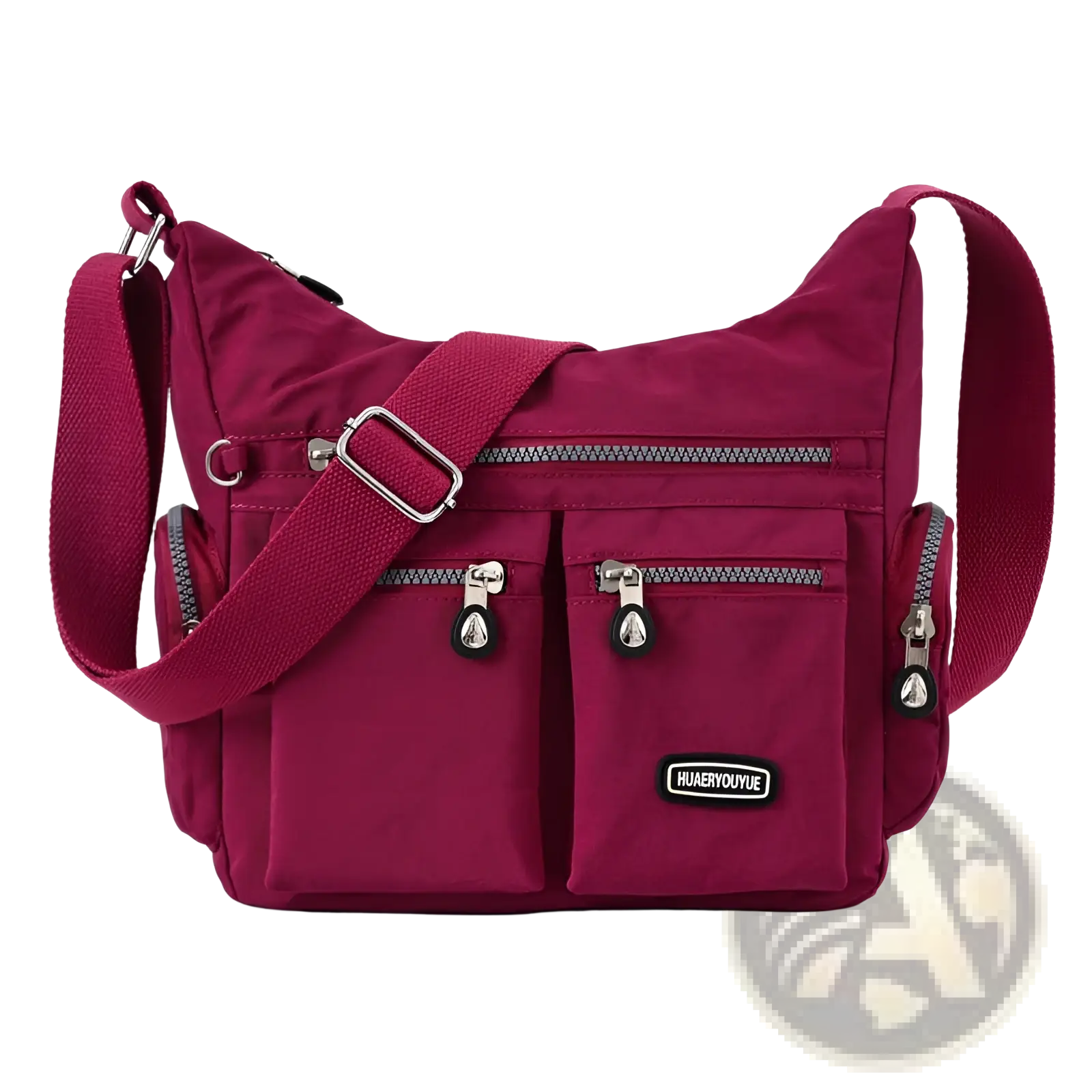 A maroon waterproof nylon crossbody shoulder bag with multiple zippered pockets and a silver toned metal buckle