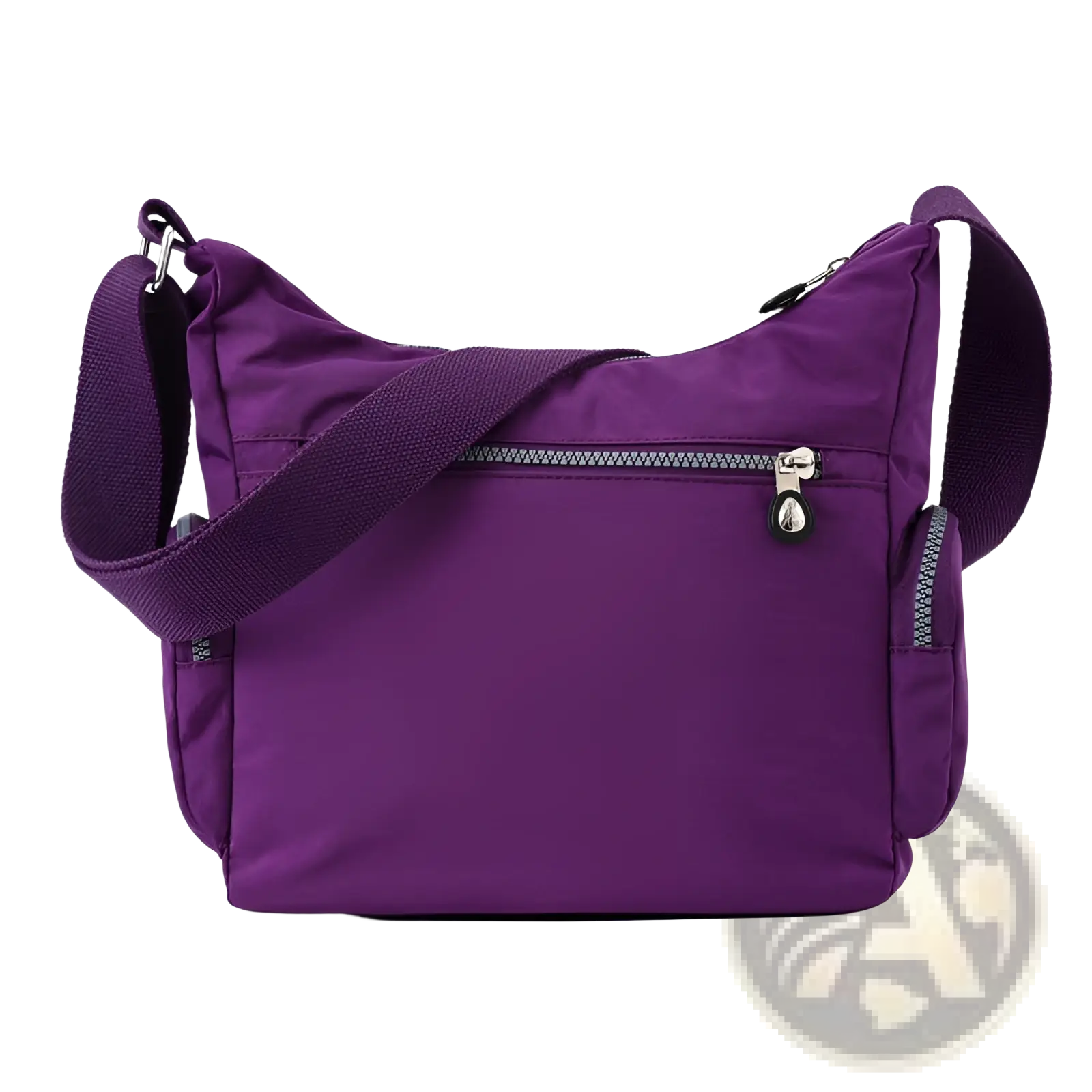 Waterproof multi pocket nylon crossbody shoulder bag in purple with a silver zipper and black pull tab