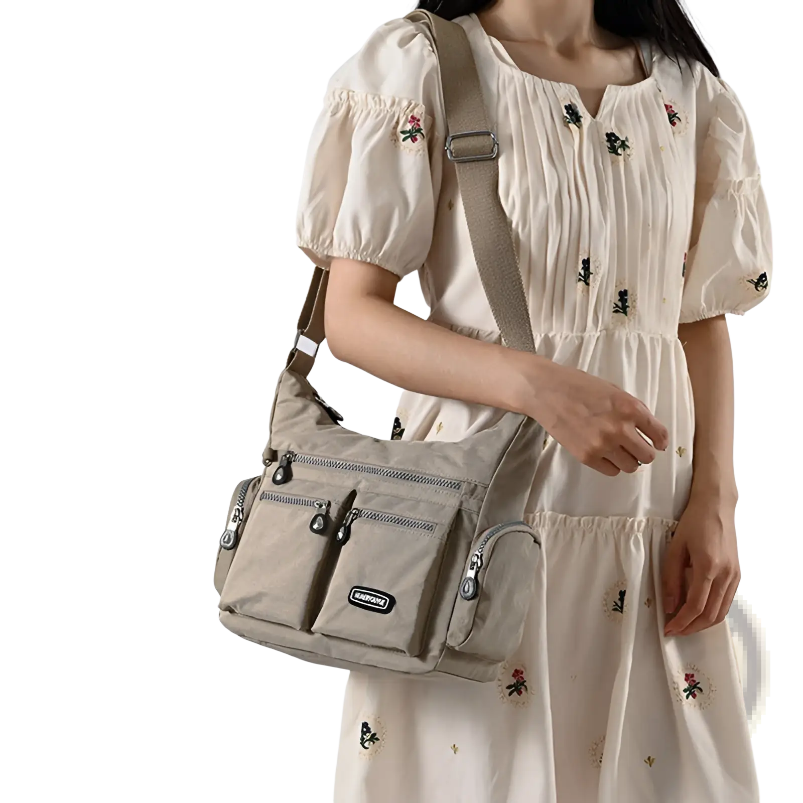 Beige waterproof nylon crossbody shoulder bag with multiple zippered compartments and silver-toned metal buckle