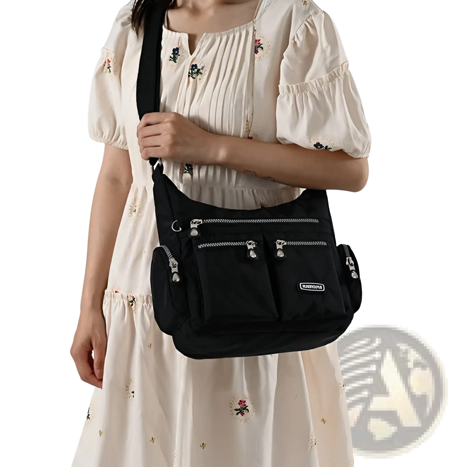 Black waterproof nylon crossbody shoulder bag with multiple zippered pockets and a sleek minimalist design