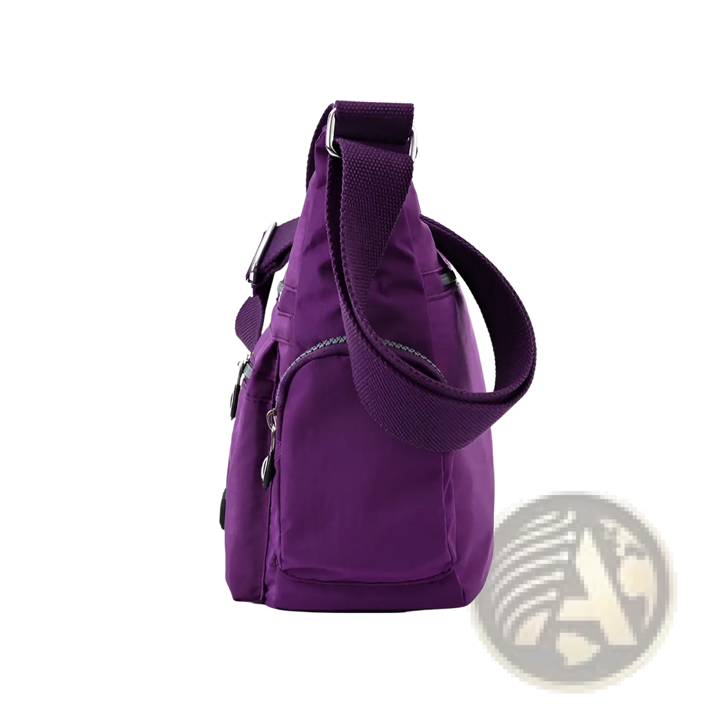 Purple waterproof nylon crossbody shoulder bag with adjustable strap and multiple zippered compartments