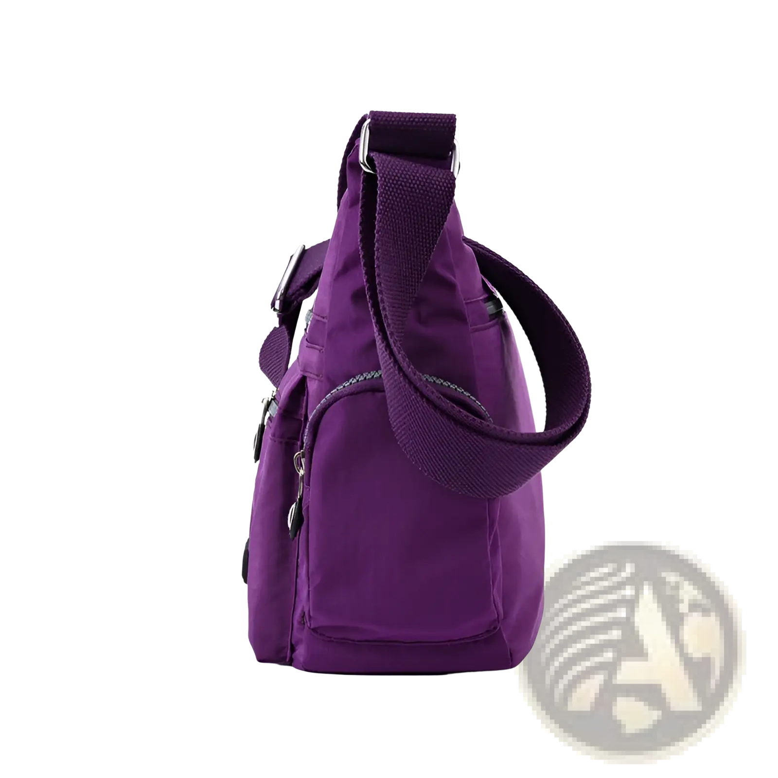 Purple waterproof nylon crossbody shoulder bag with adjustable strap and multiple zippered compartments