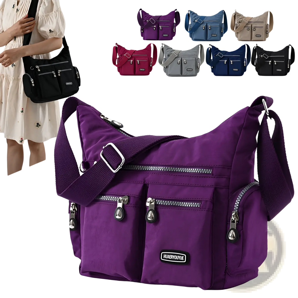 Purple waterproof nylon crossbody shoulder bag with multiple zippered compartments and silver-toned hardware