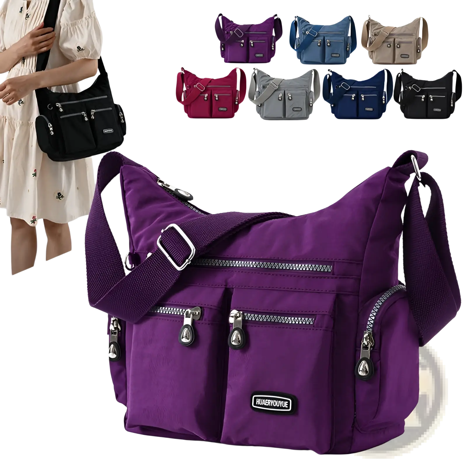 Purple waterproof nylon crossbody shoulder bag with multiple zippered compartments and silver-toned hardware