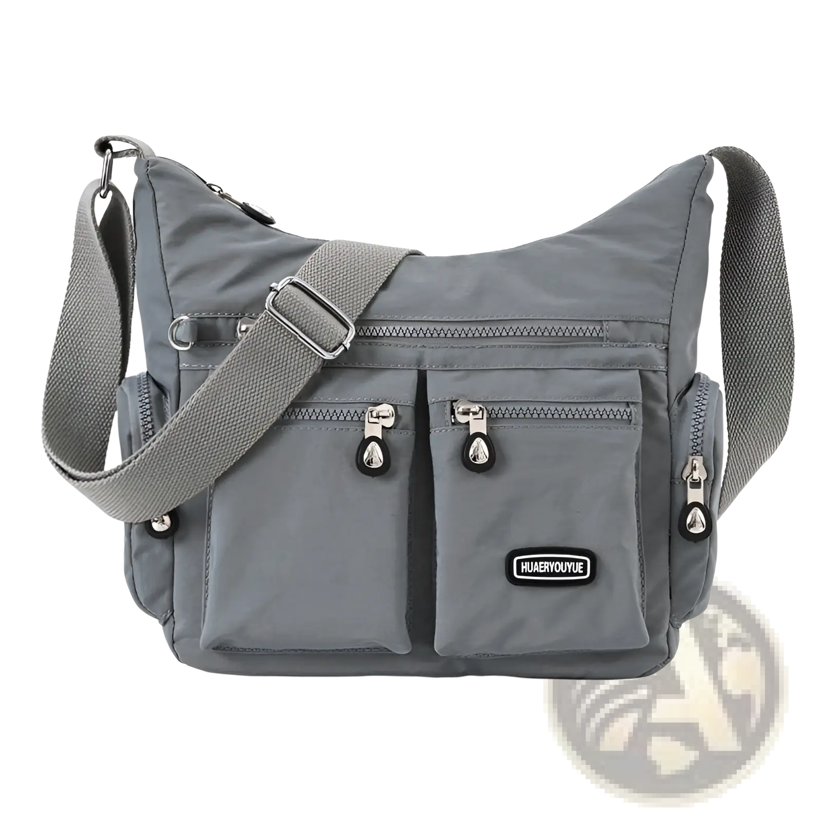 Gray huaeryouyue waterproof multi pocket nylon crossbody shoulder bag with multiple zippered compartments and durable fabric body