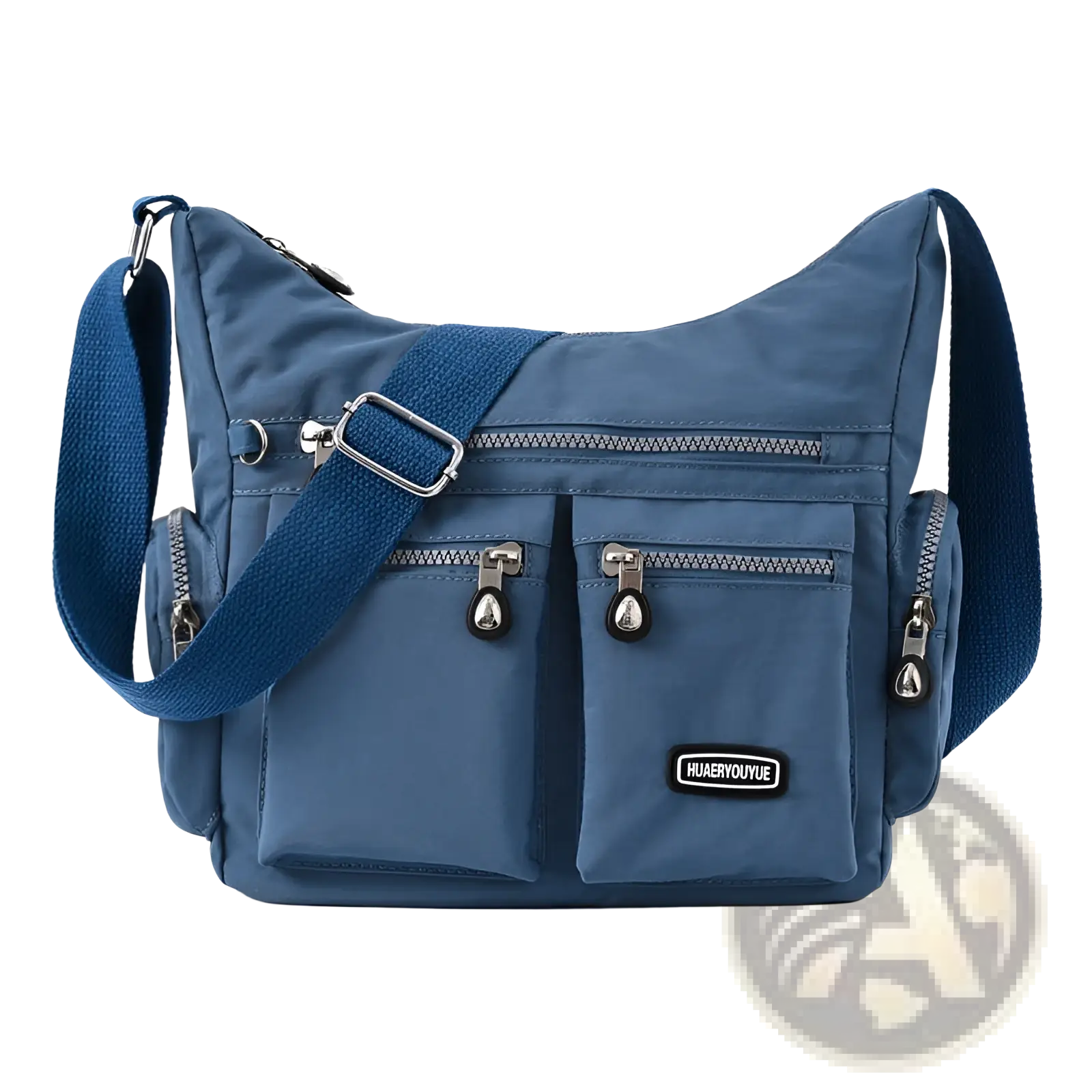 Blue waterproof nylon crossbody shoulder bag with multiple zippered pockets and silver-toned metal buckle
