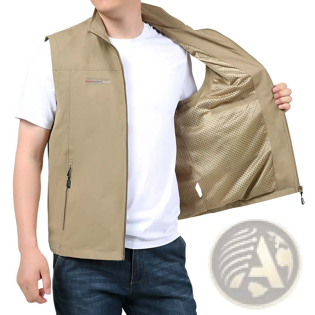 Khaki waterproof multi pocket utility vest with lightweight mesh lining zippered side pockets and branded chest logo