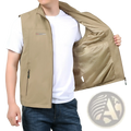 Khaki waterproof multi pocket utility vest with lightweight mesh lining zippered side pockets and branded chest logo