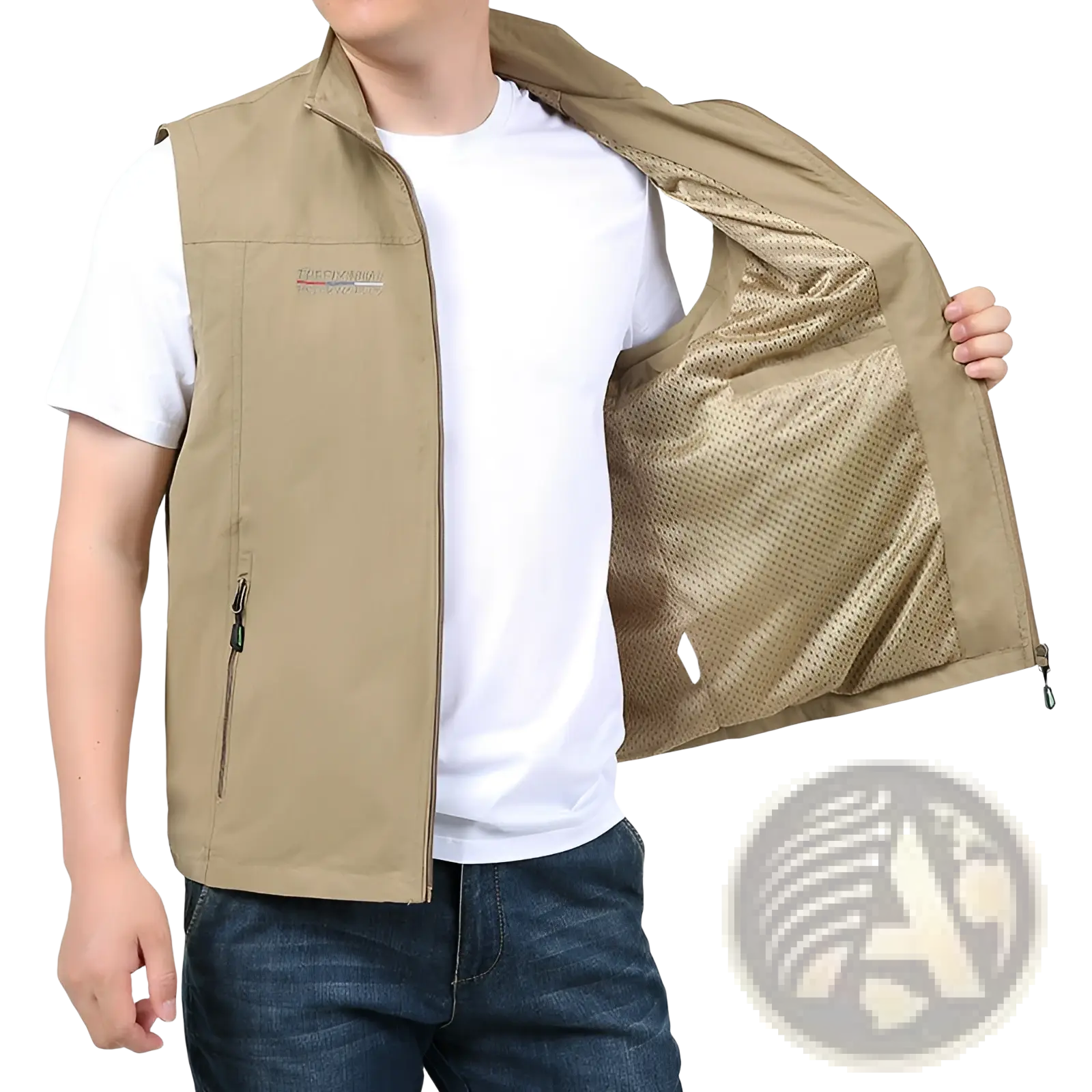 Khaki waterproof multi pocket utility vest with lightweight mesh lining zippered side pockets and branded chest logo