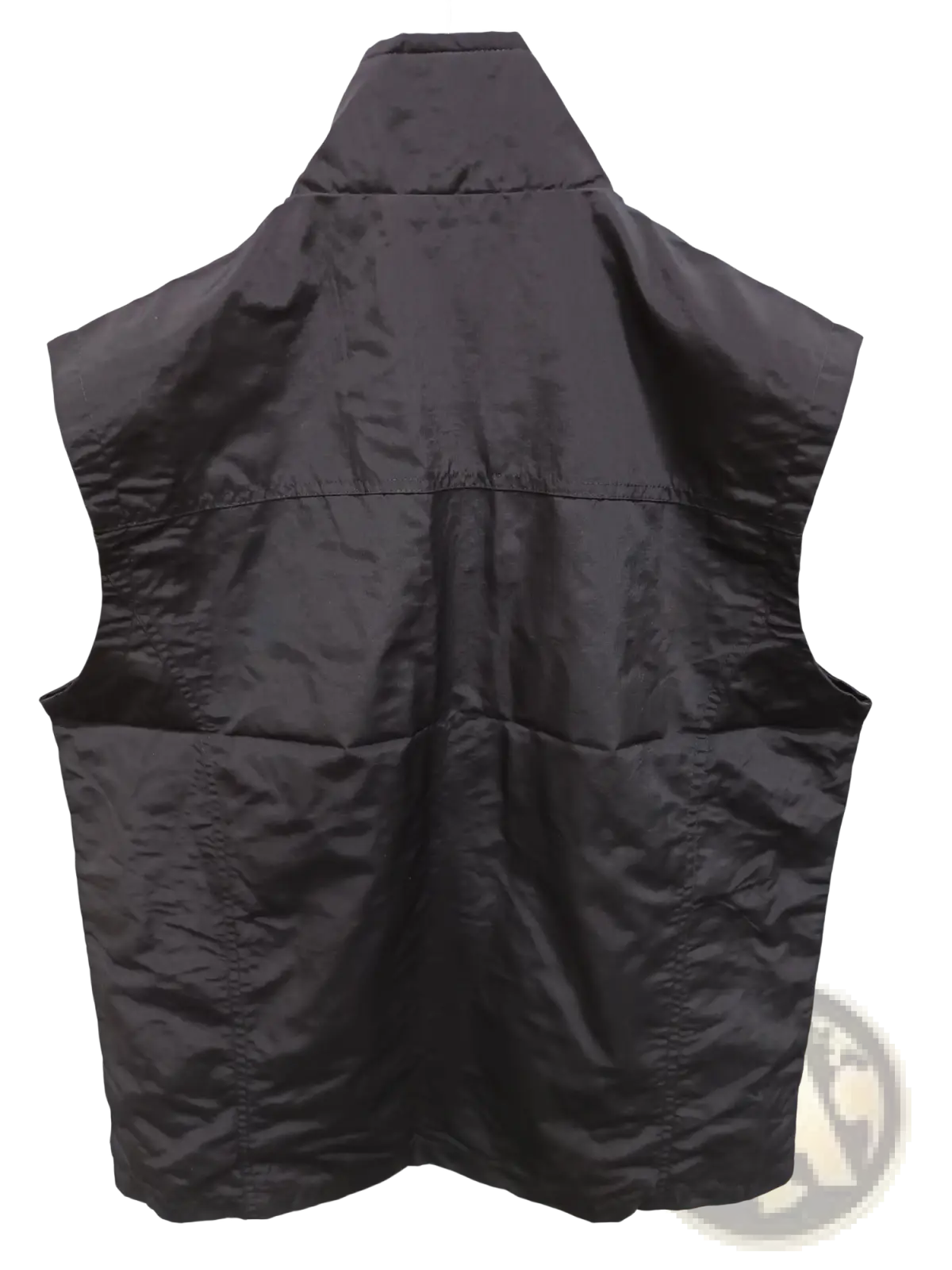Black quilted waterproof multi pocket utility vest with high collar and stitched paneling for practical outdoor use
