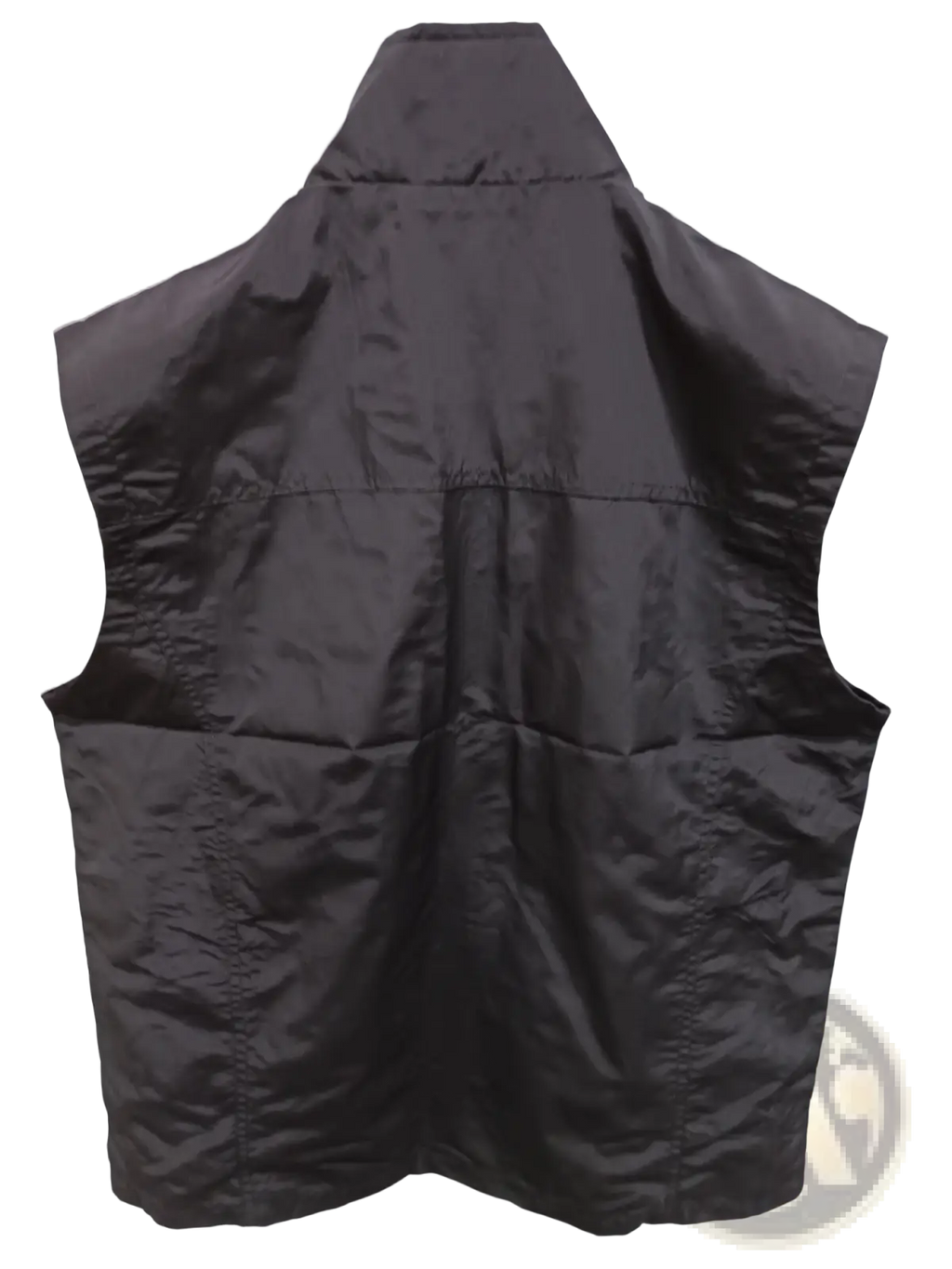 Black quilted waterproof puffer vest with high collar and multi pocket utility design for versatile use