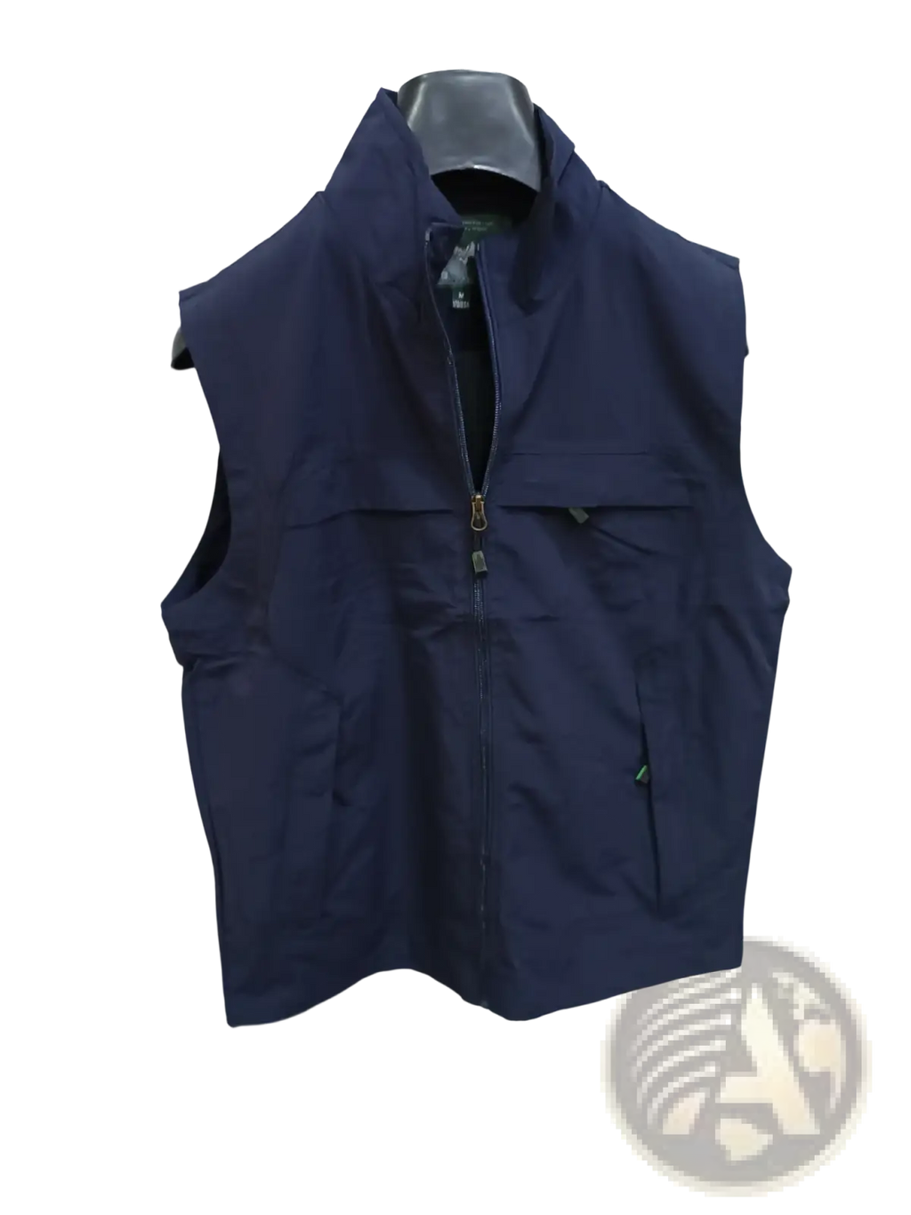 Dark navy blue waterproof multi pocket utility vest with sleeveless design front zipper and two side pockets