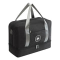 Black waterproof travel shoe bag with gray reinforced handles and circular airplane logo on fabric surface