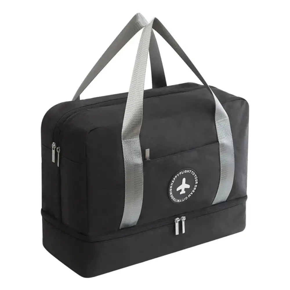 Black waterproof travel shoe bag with gray reinforced handles and circular airplane logo on fabric surface