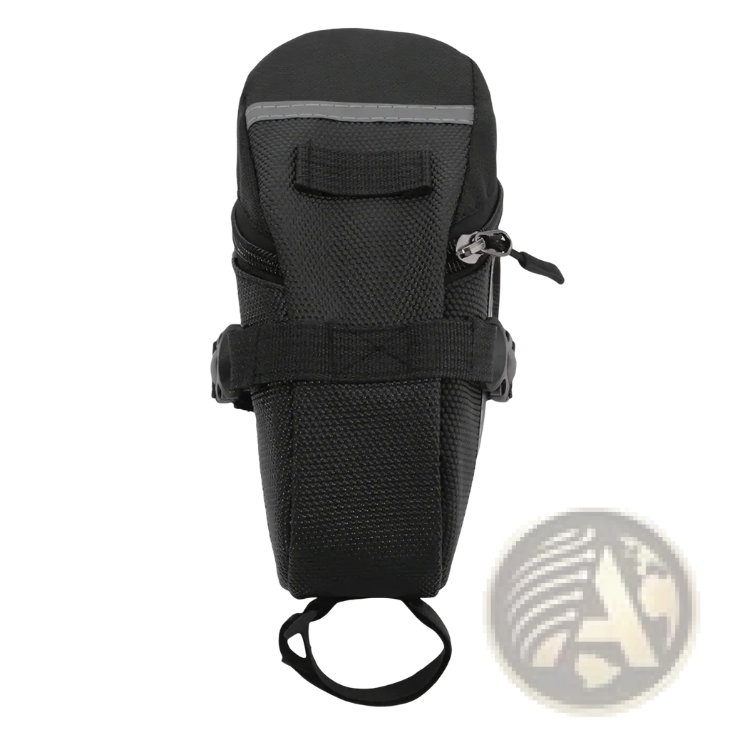 Black mesh waterproof nylon bicycle saddle bag with reflective strip and adjustable strap shown from the back side