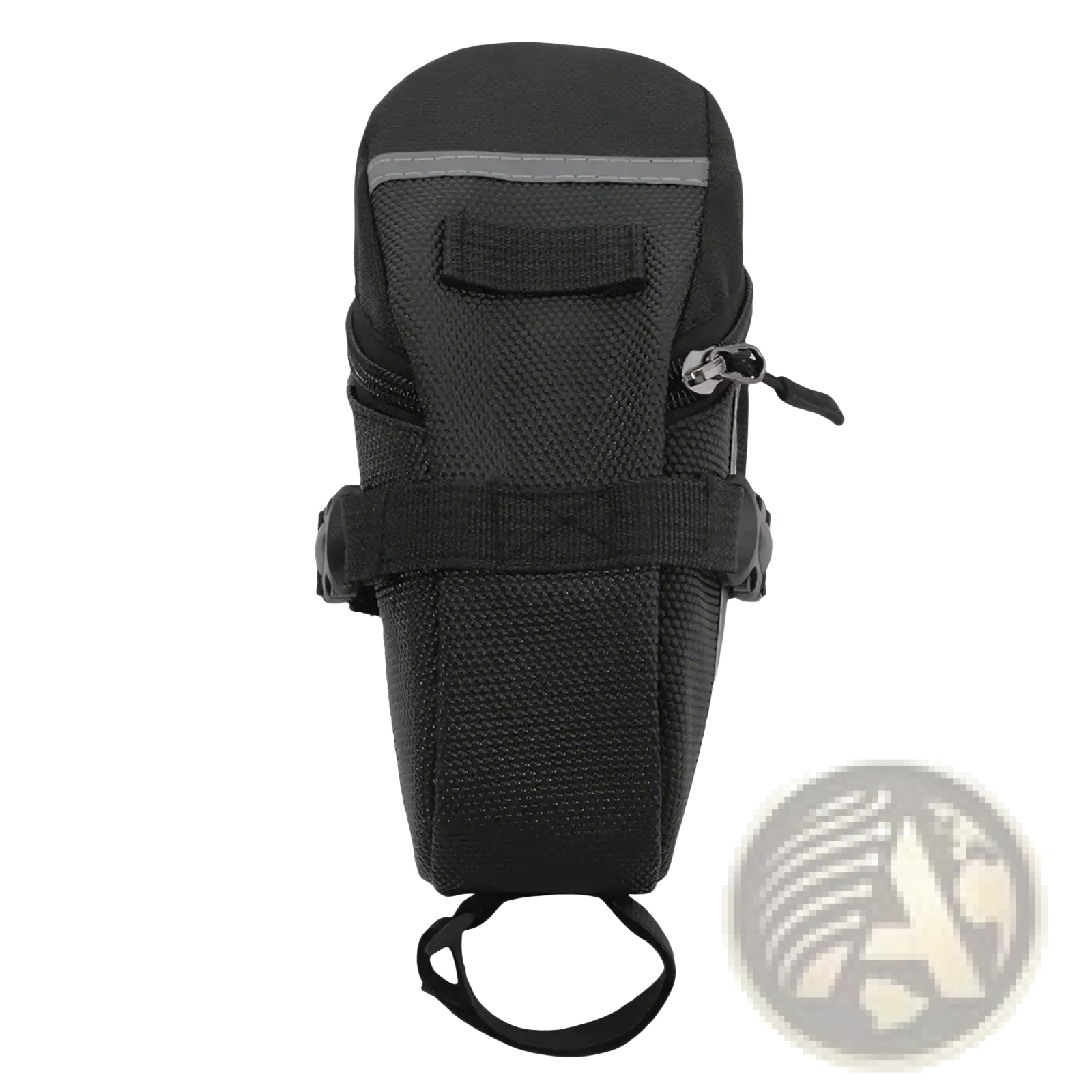 Black mesh waterproof nylon bicycle saddle bag with reflective strip and adjustable strap shown from the back side