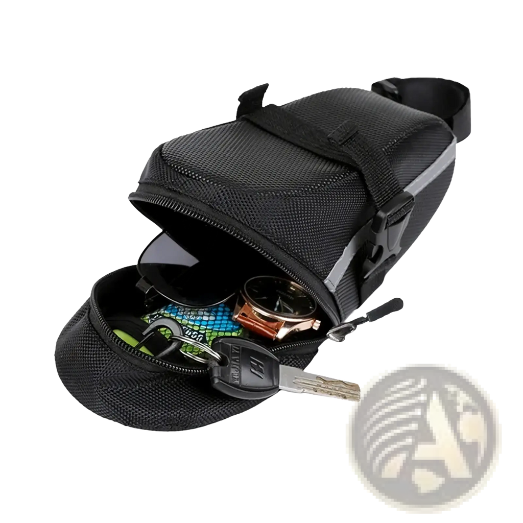 Waterproof nylon bicycle saddle bag in black mesh with reflective gray stripes and zippered opening visible from back side