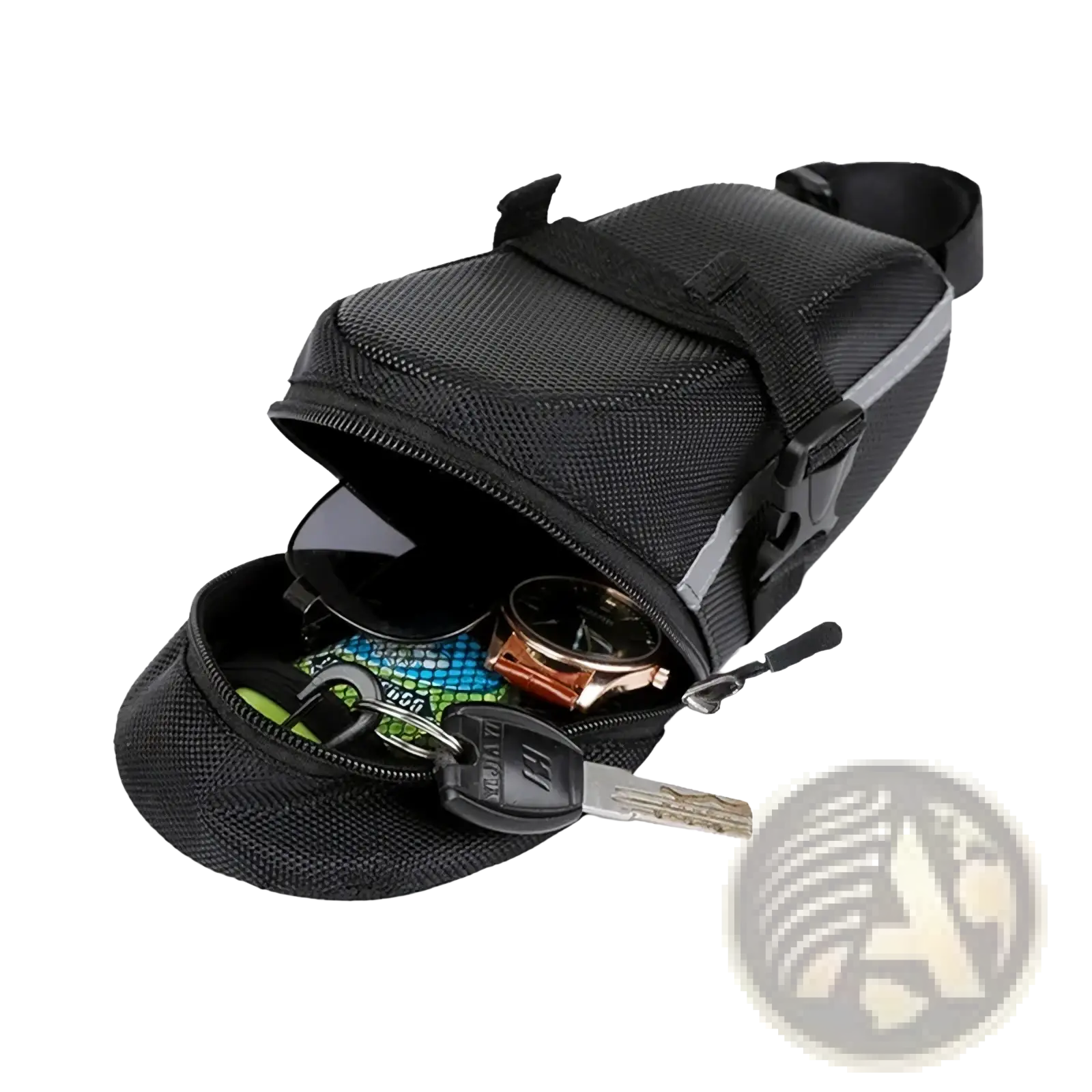 Waterproof nylon bicycle saddle bag in black mesh with reflective gray stripes and zippered opening visible from back side