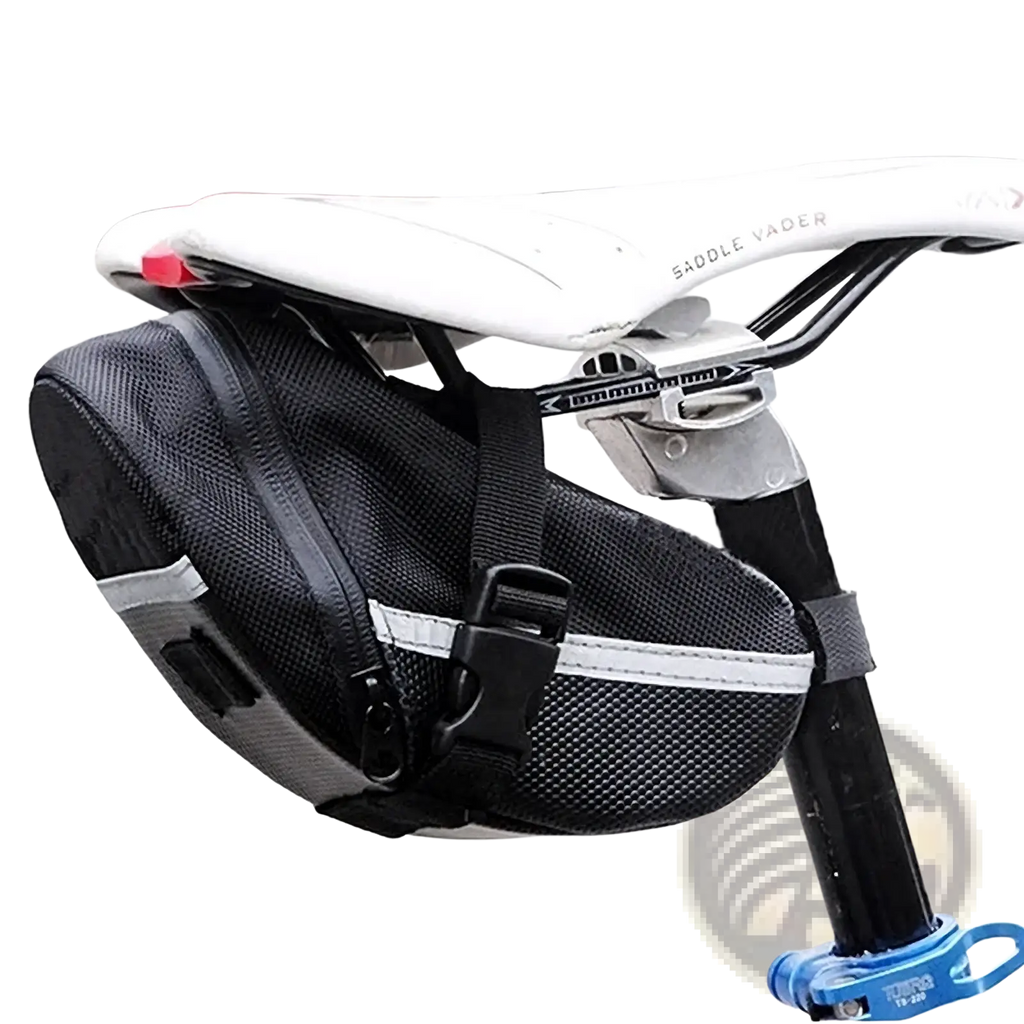 Black mesh waterproof nylon bicycle saddle bag with reflective white stripes and black plastic buckles shown from the back side