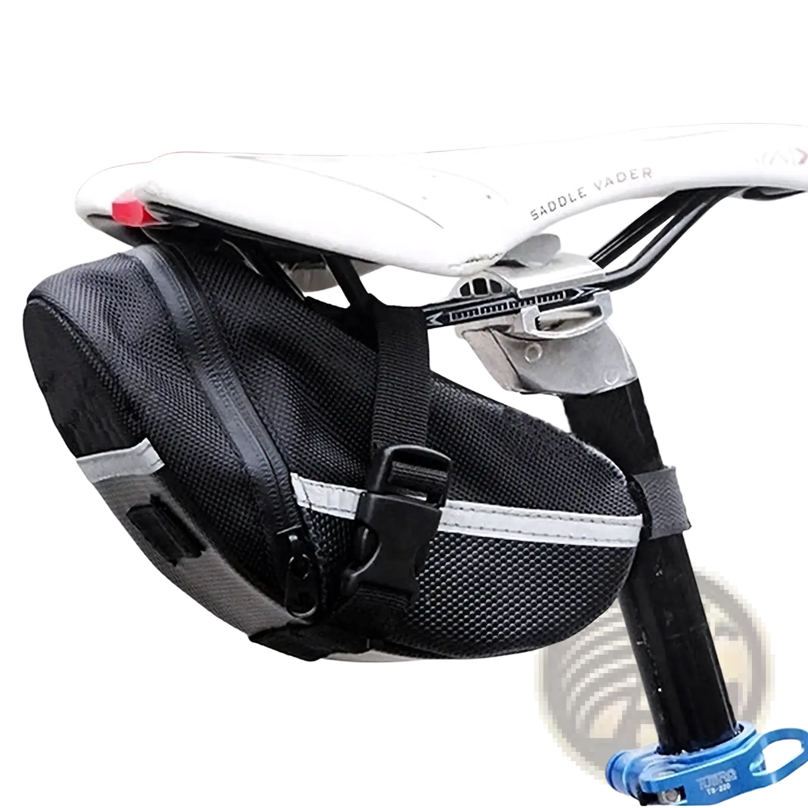 Black mesh waterproof nylon bicycle saddle bag with reflective white stripes and black plastic buckles shown from the back side
