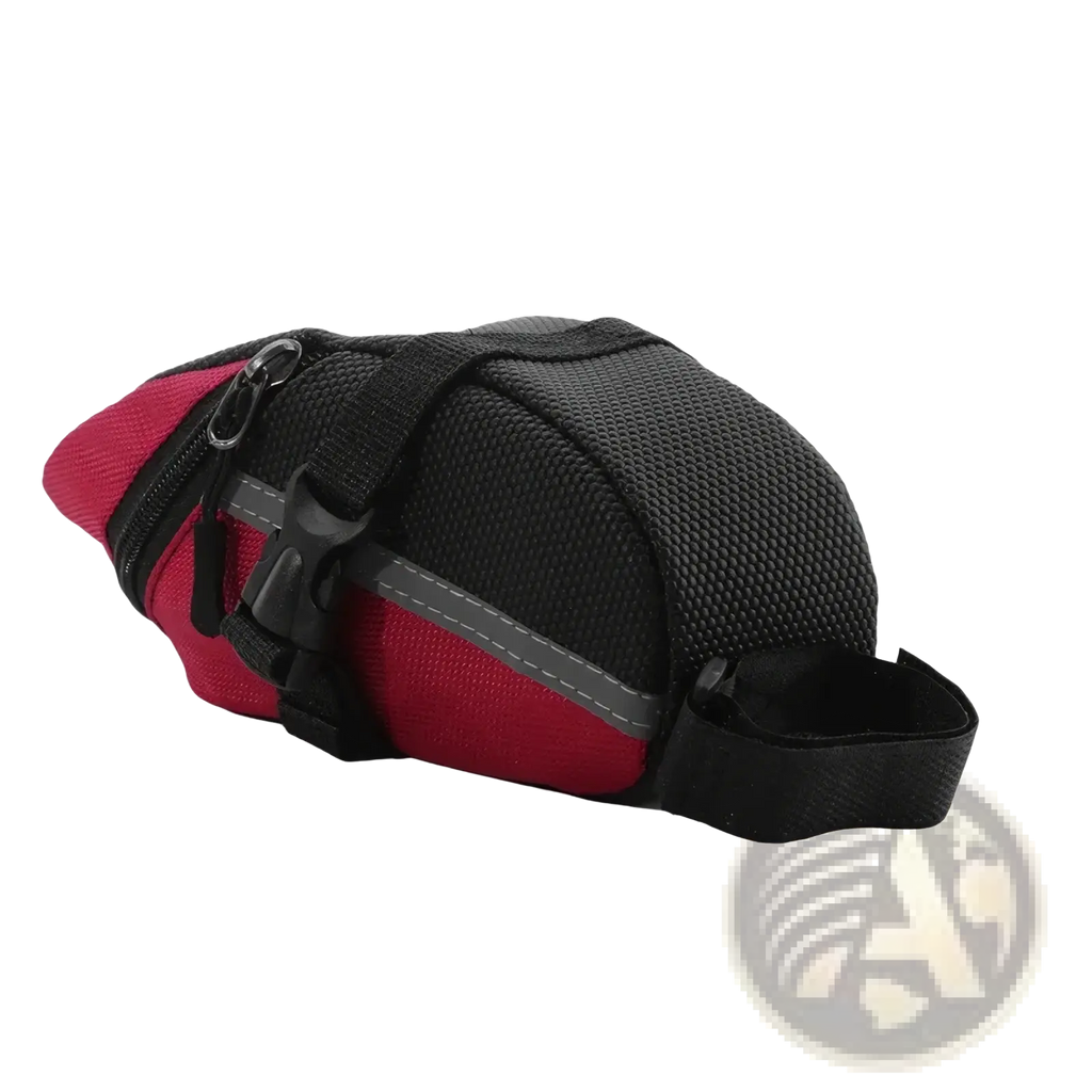 Red and black mesh waterproof nylon bicycle saddle bag with reflective strip shown from the back side