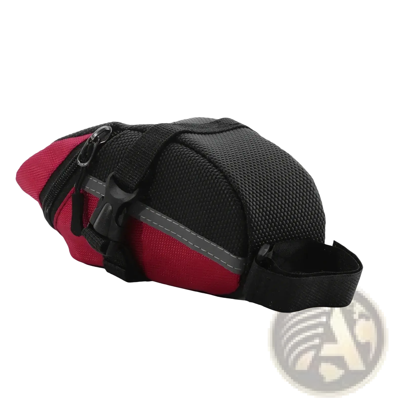 Red and black mesh waterproof nylon bicycle saddle bag with reflective strip shown from the back side