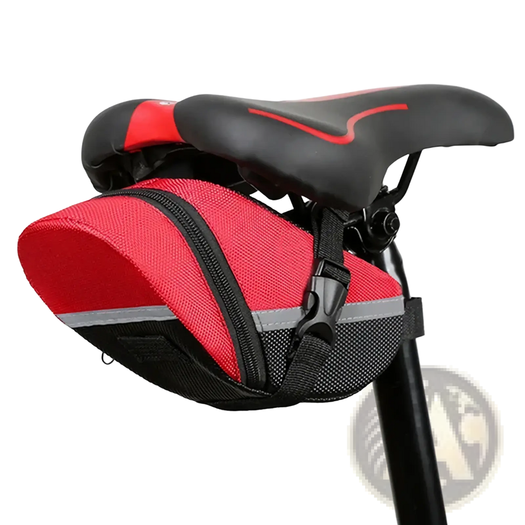 Waterproof nylon bicycle saddle bag in red and black mesh with reflective strip shown from the backside