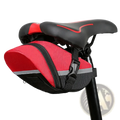Waterproof nylon bicycle saddle bag in red and black mesh with reflective strip shown from the backside